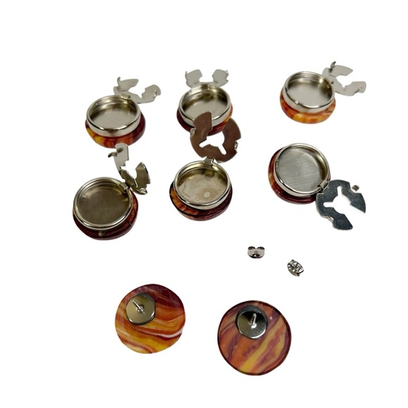 Handmade Round Orange Faux Agate Stone Button Covers & Pierced Earrings - Picture 3 of 9